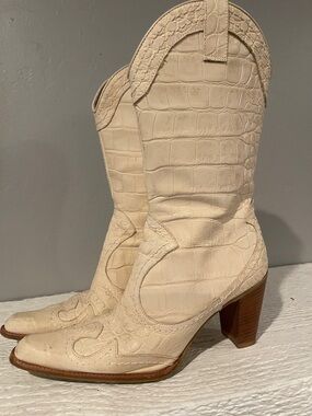 Stuart Weitzman Cream Croc-Embossed Western Boots